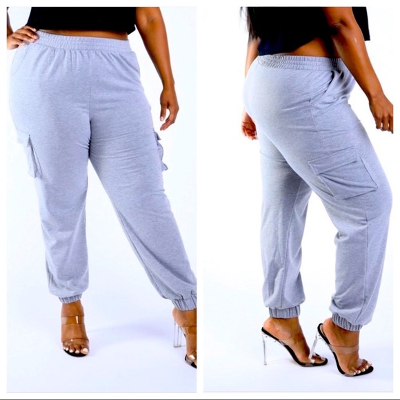 Pants - GREY FITTED PLUS SIZE CARGO JOGGER SWEATPANTS